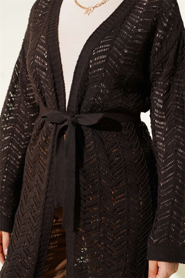 Zigzag Openwork Belted Knit Cardigan, Coffee