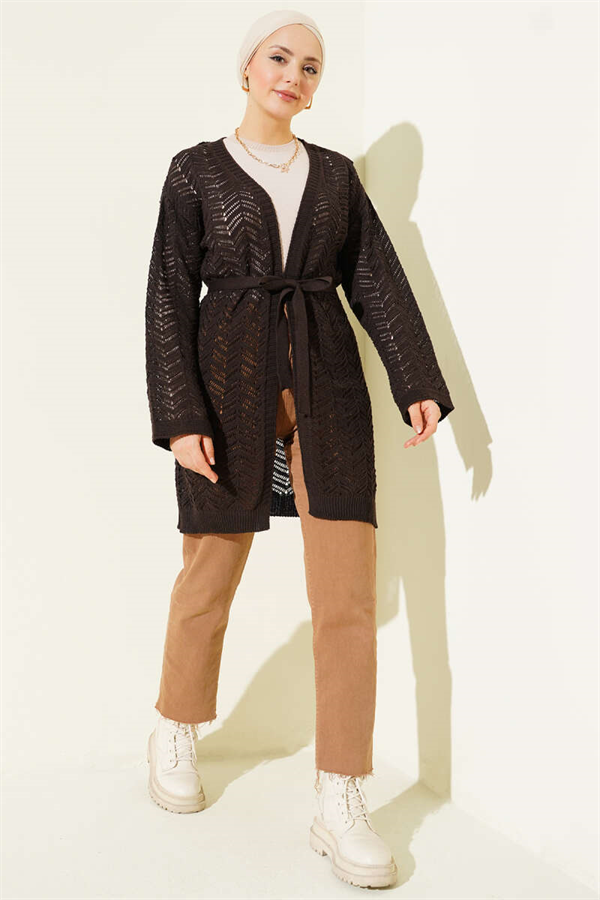 Zigzag Openwork Belted Knit Cardigan, Coffee