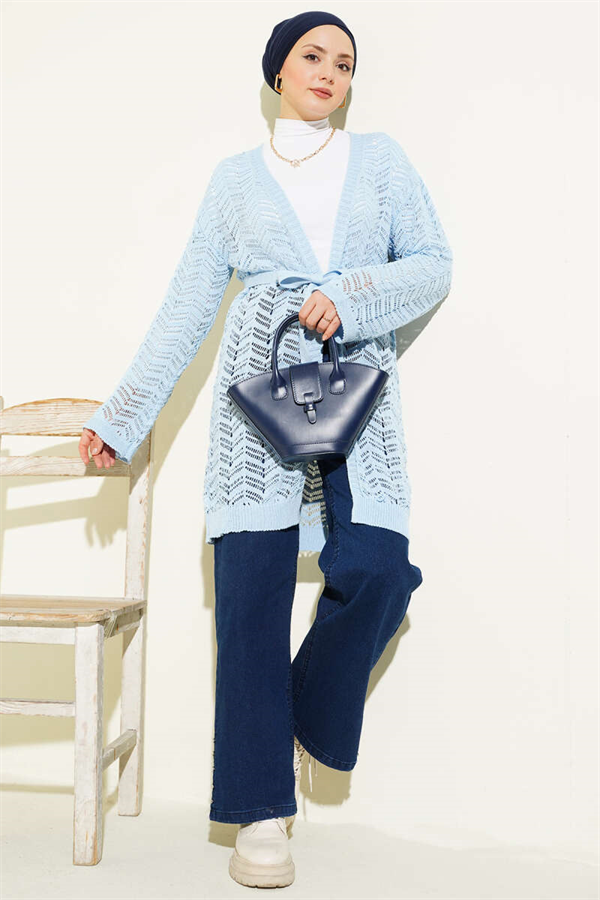 Zigzag Openwork Belted Knit Cardigan Blue