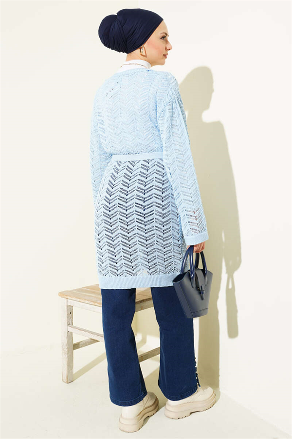 Zigzag Openwork Belted Knit Cardigan Blue