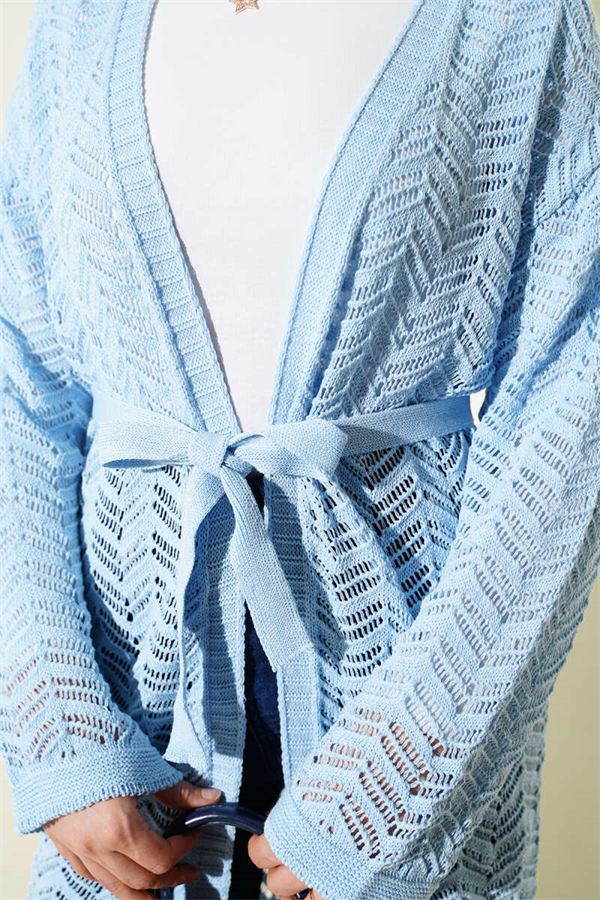 Zigzag Openwork Belted Knit Cardigan Blue