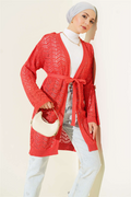 Zigzag Openwork Belted Knit Cardigan Coral