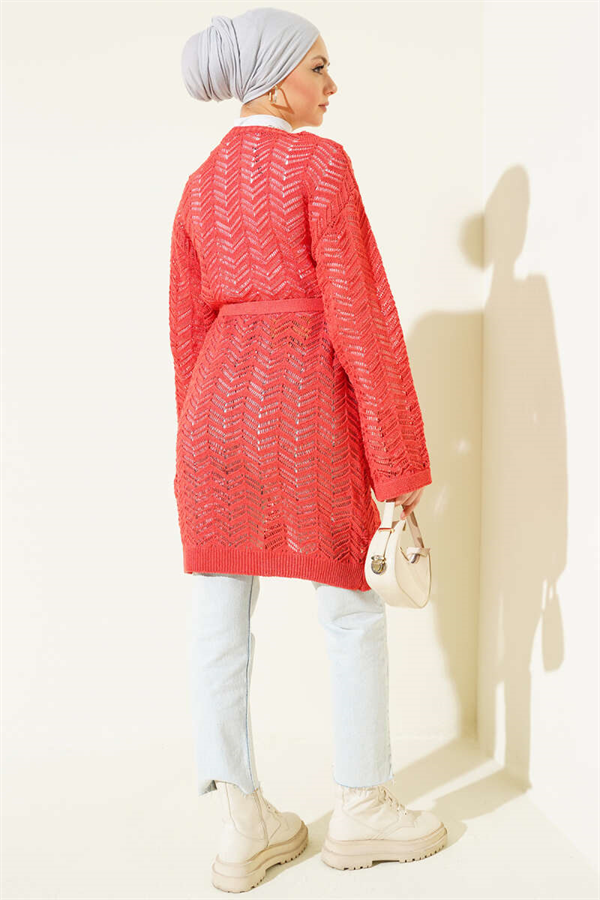 Zigzag Openwork Belted Knit Cardigan Coral