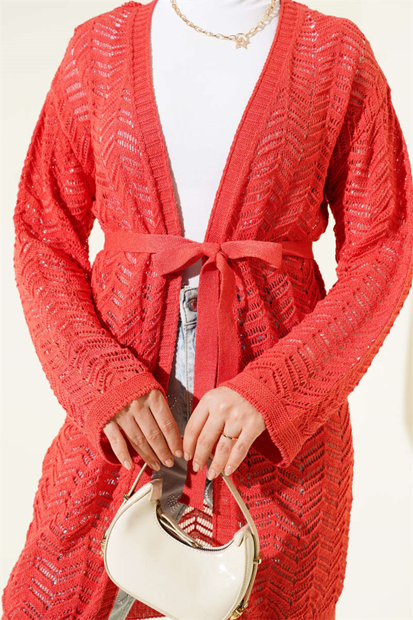 Zigzag Openwork Belted Knit Cardigan Coral