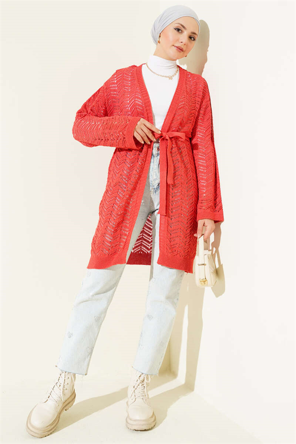 Zigzag Openwork Belted Knit Cardigan Coral