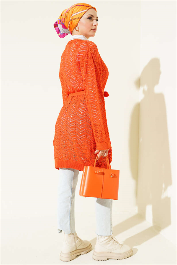 Zigzag Openwork Belted Knit Cardigan Orange