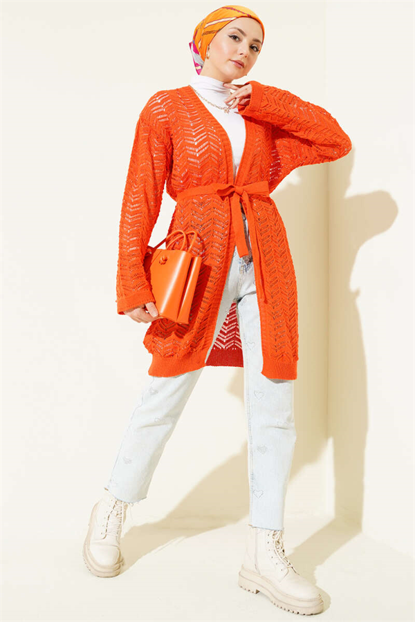 Zigzag Openwork Belted Knit Cardigan Orange