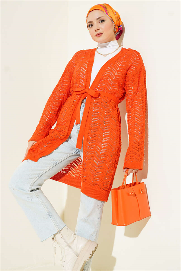 Zigzag Openwork Belted Knit Cardigan Orange