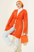 Zigzag Openwork Belted Knit Cardigan Orange