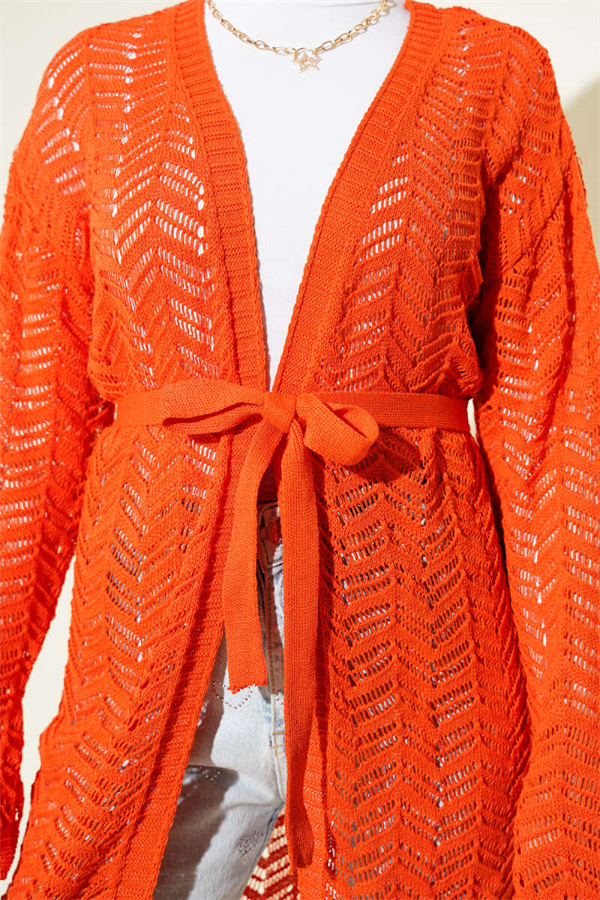 Zigzag Openwork Belted Knit Cardigan Orange