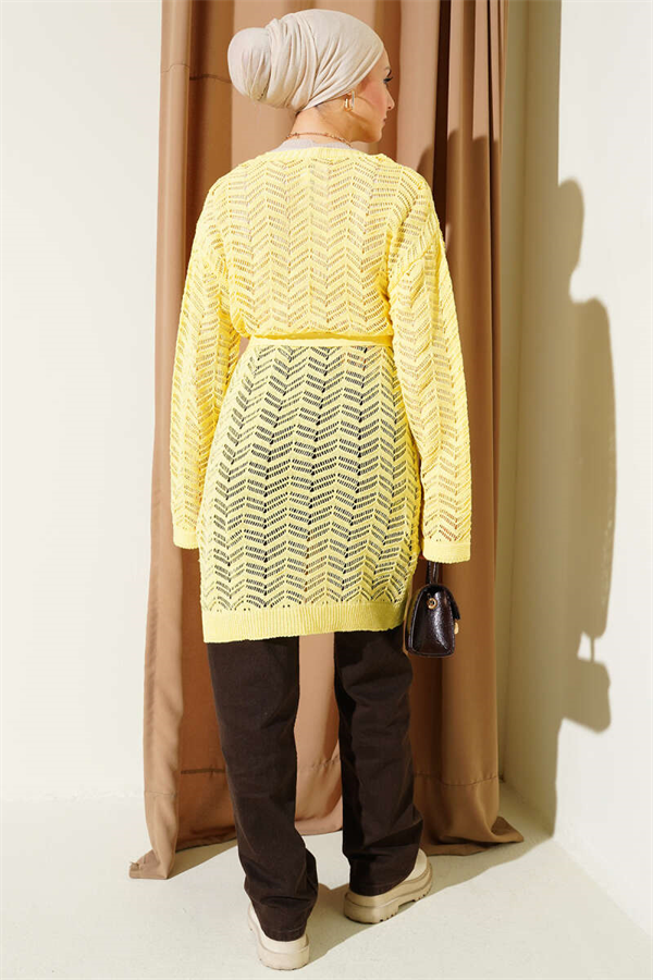 Zigzag Openwork Belted Knit Cardigan Yellow