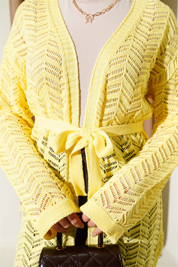 Zigzag Openwork Belted Knit Cardigan Yellow