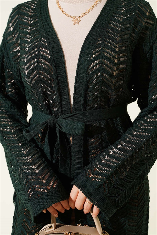 Zigzag Openwork Belted Knit Cardigan Emerald