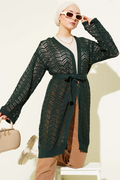 Zigzag Openwork Belted Knit Cardigan Emerald