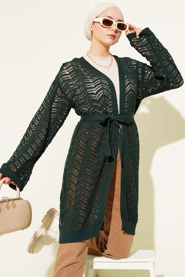 Zigzag Openwork Belted Knit Cardigan Emerald