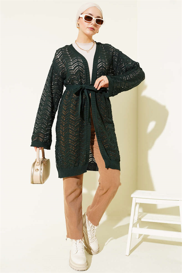 Zigzag Openwork Belted Knit Cardigan Emerald