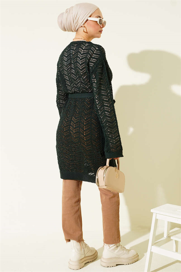 Zigzag Openwork Belted Knit Cardigan Emerald