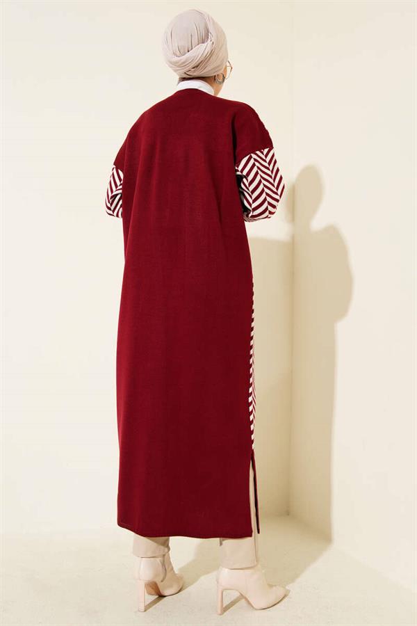 Zigzag Striped Patterned Long Knit Cardigan Burgundy