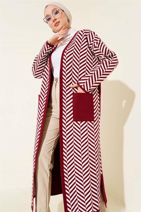 Zigzag Striped Patterned Long Knit Cardigan Burgundy