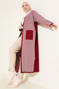 Zigzag Striped Patterned Long Knit Cardigan Burgundy