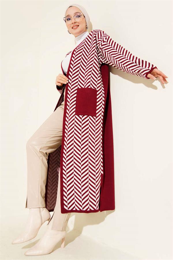 Zigzag Striped Patterned Long Knit Cardigan Burgundy