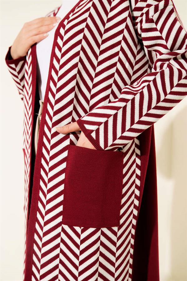 Zigzag Striped Patterned Long Knit Cardigan Burgundy