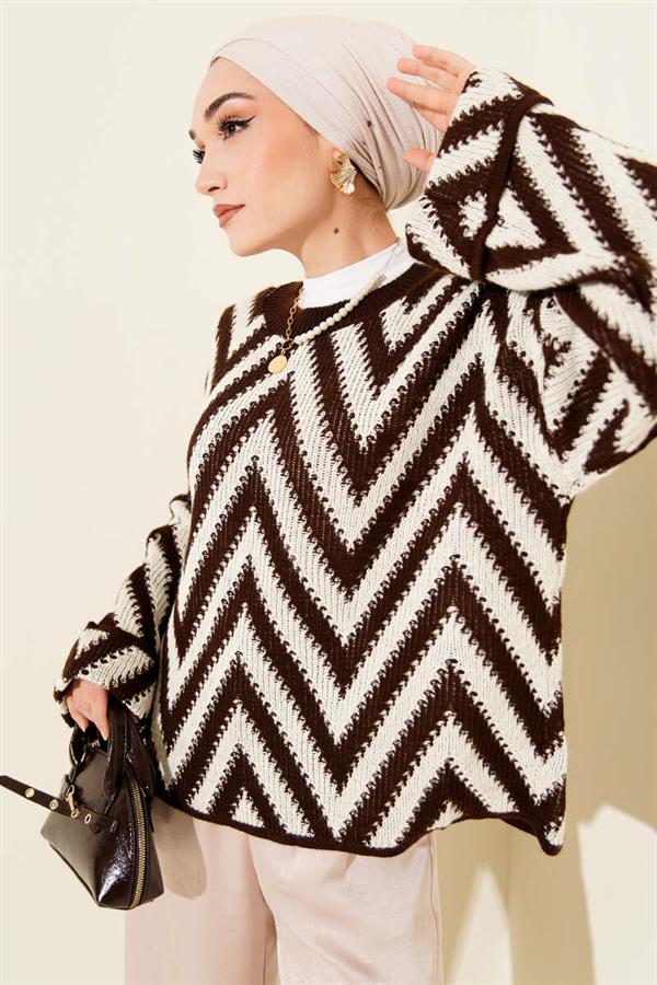 Zigzag Pattern Openwork Knitwear Sweater Brown