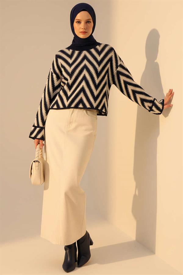 Zigzag Pattern Openwork Knitwear Sweater Navy Blue