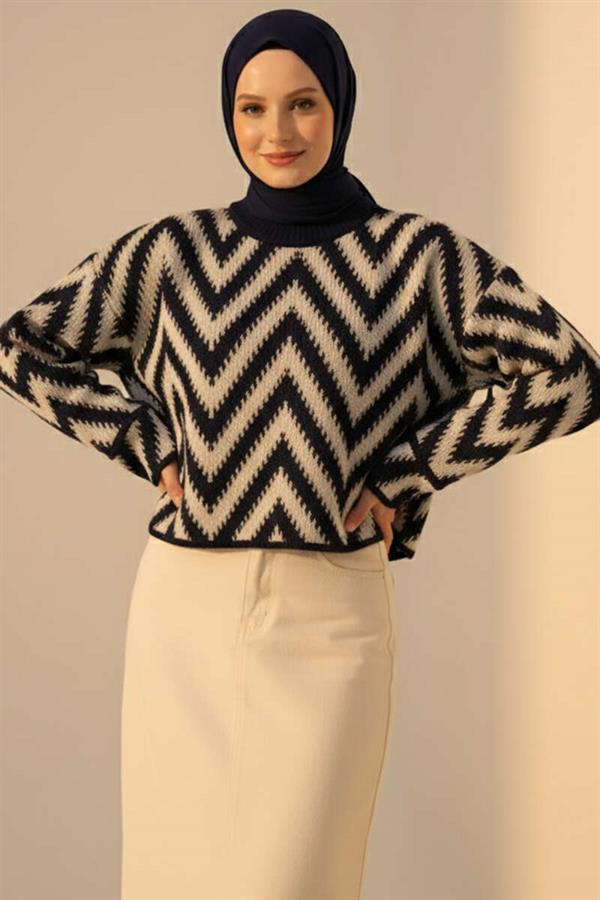 Zigzag Pattern Openwork Knitwear Sweater Navy Blue