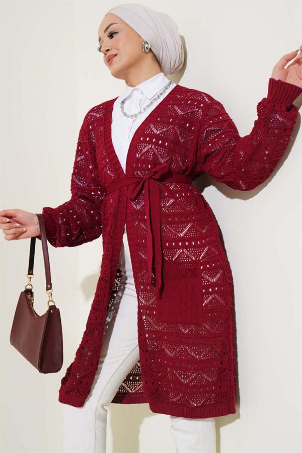 Zigzag Patterned Hole Belted Knitwear Cardigan Claret Red