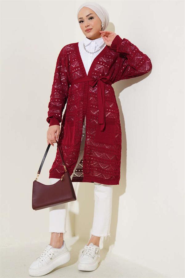 Zigzag Patterned Hole Belted Knitwear Cardigan Claret Red