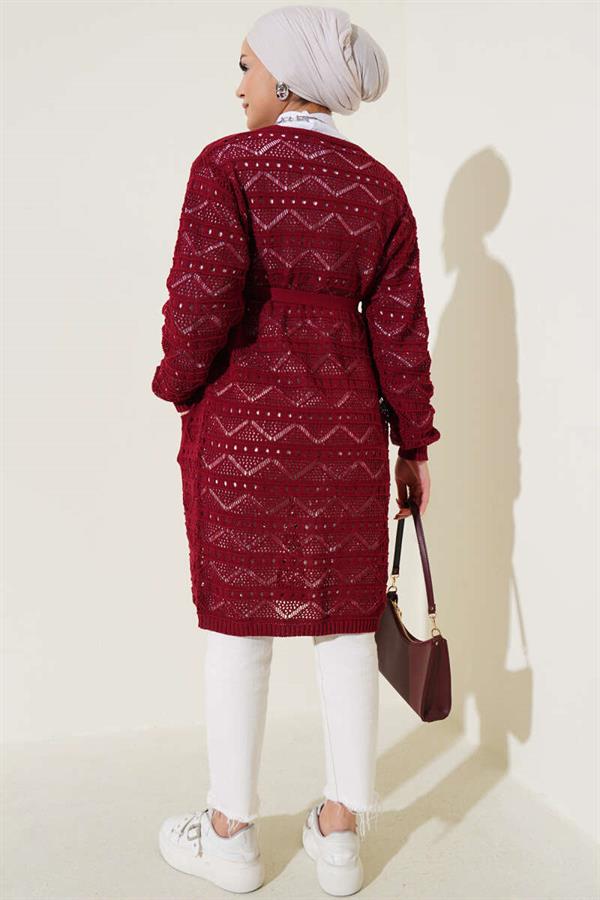 Zigzag Patterned Hole Belted Knitwear Cardigan Claret Red