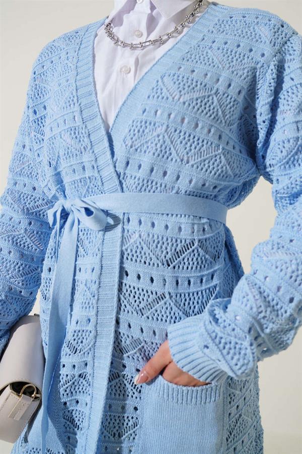 Zigzag Patterned Perforated Belted Knitwear Cardigan Blue