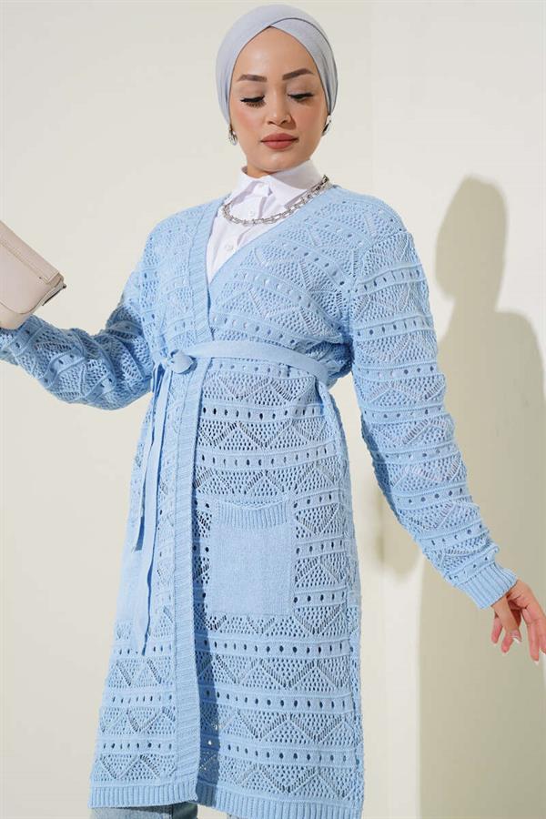 Zigzag Patterned Perforated Belted Knitwear Cardigan Blue