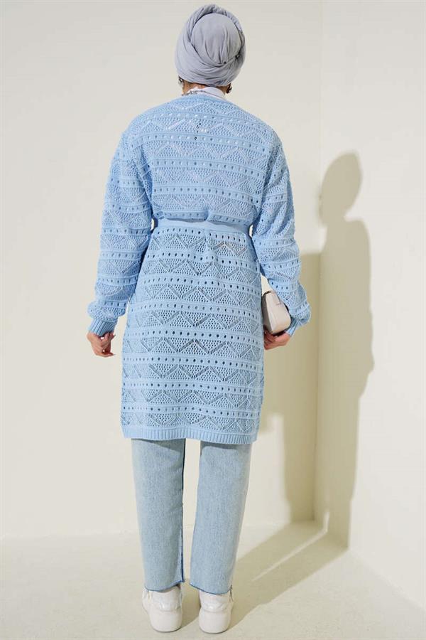 Zigzag Patterned Perforated Belted Knitwear Cardigan Blue
