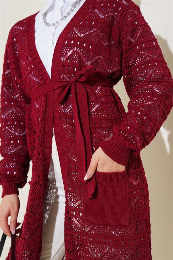 Zigzag Patterned Hole Belted Knitwear Cardigan Claret Red