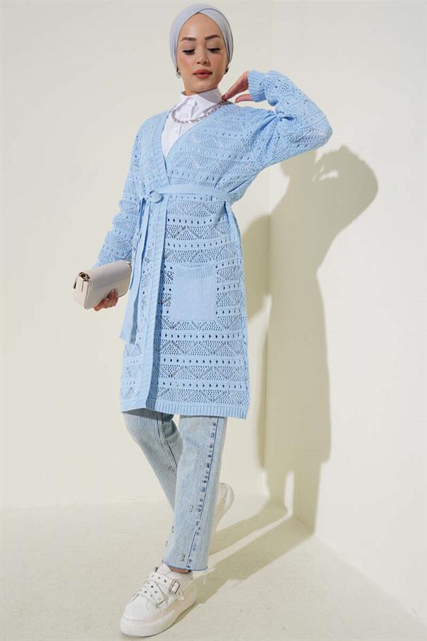 Zigzag Patterned Perforated Belted Knitwear Cardigan Blue
