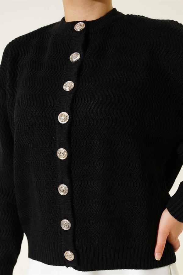 Zigzag Patterned Gold Buttoned Knit Cardigan Black