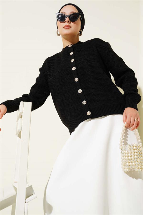 Zigzag Patterned Gold Buttoned Knit Cardigan Black