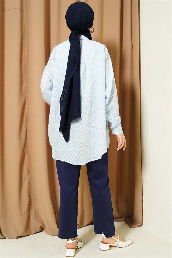 Zigzag Tassel Loose-Fitting Shirt, Baby Blue