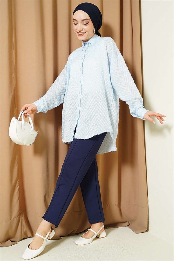 Zigzag Tassel Loose-Fitting Shirt, Baby Blue