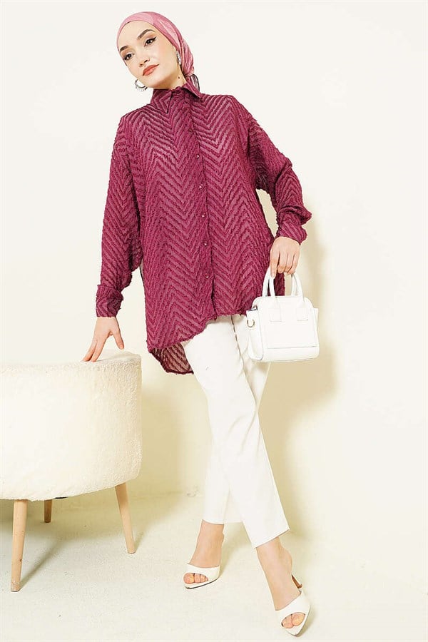 Zigzag Tassel Loose-Fitting Shirt, Burgundy