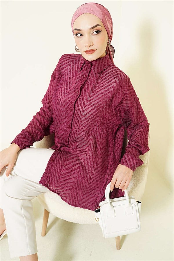 Zigzag Tassel Loose-Fitting Shirt, Burgundy