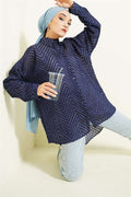 Loose-fitting shirt with zigzag tassels, navy blue.