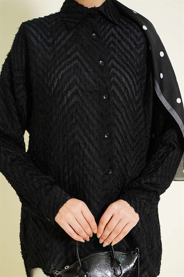 Zigzag Tassel Loose-Fitting Shirt, Black