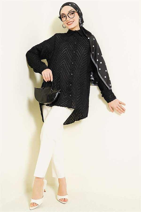 Zigzag Tassel Loose-Fitting Shirt, Black