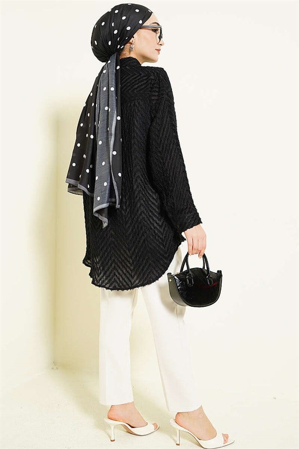 Zigzag Tassel Loose-Fitting Shirt, Black