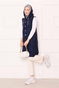 Chain Detailed Buttoned Quilted Vest Navy Blue
