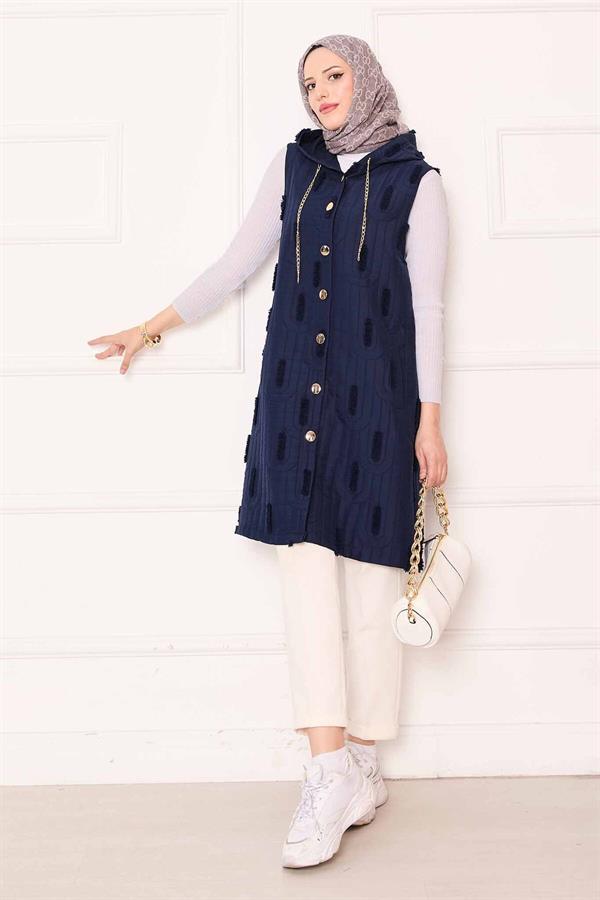 Chain Detailed Buttoned Quilted Vest Navy Blue