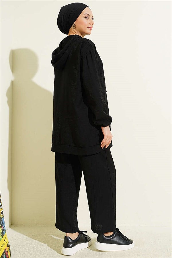 Chain Cord Detail Zippered 2 Piece Set, Black